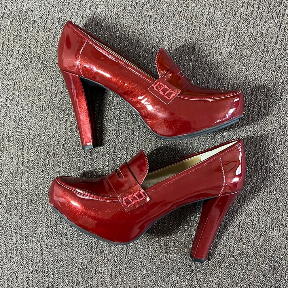 Me Too loafer heels glittery patent red leather